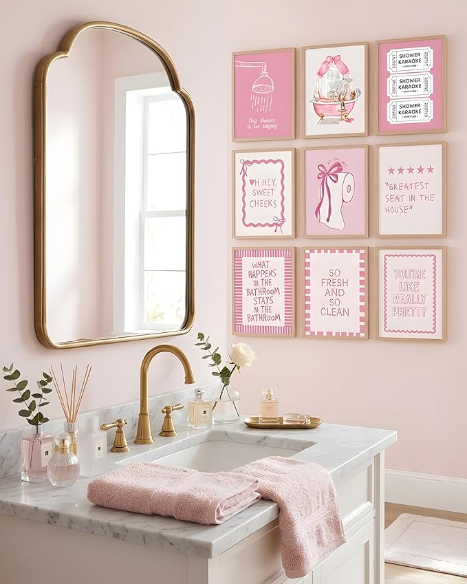 tgguytiy 9Pcs Pink Bow Bathroom Wall Art Prints, Coquette Bowknot Aesthetic
