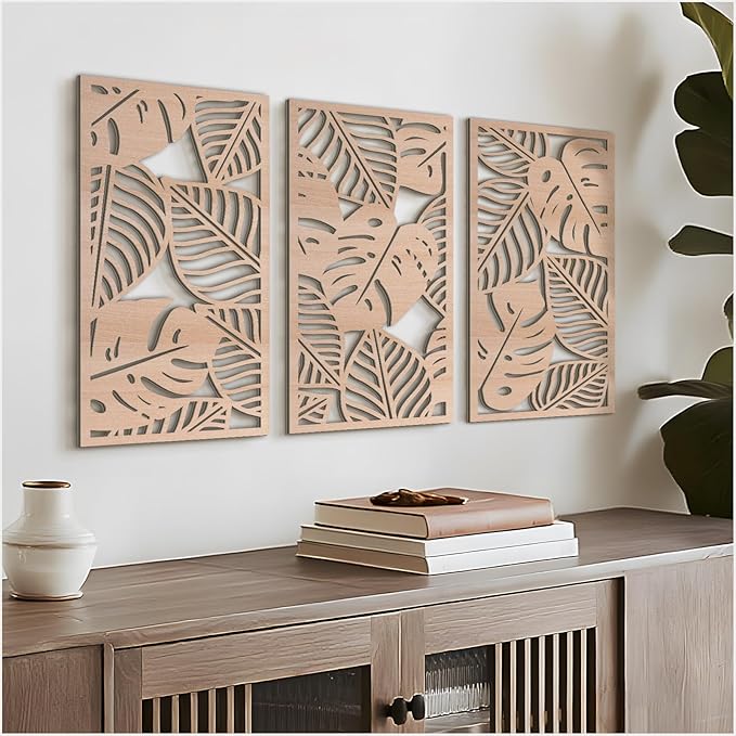 VIYYIEA Boho Solid Wood Carved Wall Art Set of 3, Geometric Minimalist Wooden