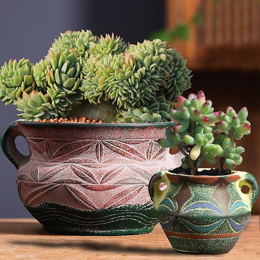Ceramic Succulent Pot with Drainage Hole, Bohemia Rustic Decorative Planter, Set of 2, Indoor Outdoor