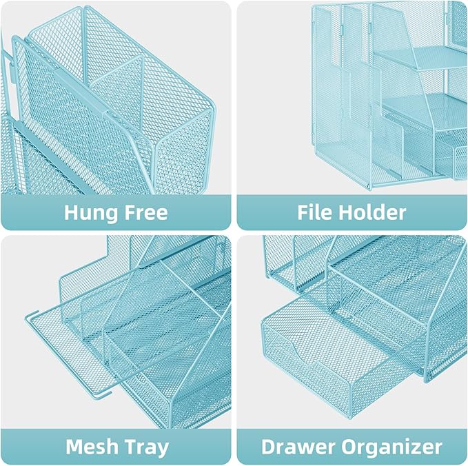 Marbrasse Desk Organizer and Accessories, 3-Tier File Organizer with Drawer and Pen Holder, Small Desktop Organizer and Storage for Workspace Office Supplies Blue