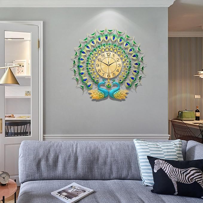 Large Peacock Wall Clock 27.6 inch Non-Ticking Silent Crystal Creative