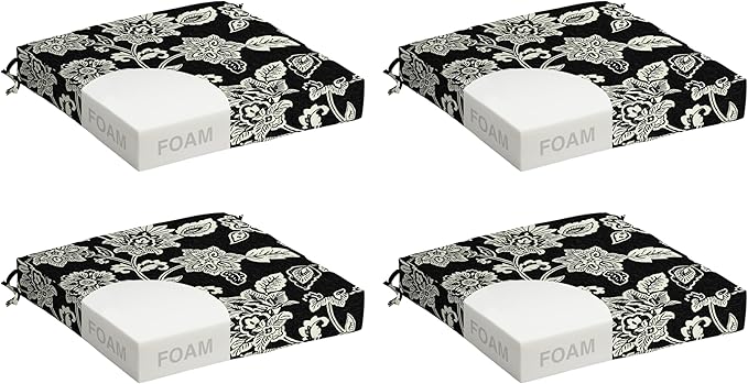 Arden Foam Outdoor Seat Cushions (4-Pack), 19 x 19, Premium High-Density Foam, Never Flattens, Weather-Proof for Outdoor Chairs Ashland Black Jacobean