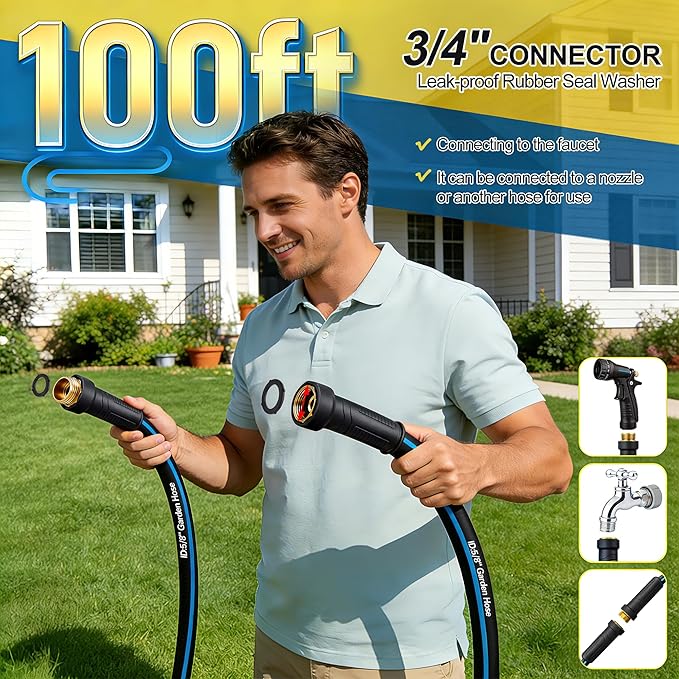 Flexible Garden Hose 100 FT NON-EXPANDABLE, Lightweight Kink-free Hybrid Outdoor Hose Pipe with Leakproof Connectors, Durable Heavy Duty Water Hose for Outside Watering, House Cleaning