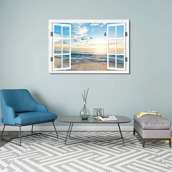 Goldfoilart Ocean Beach Sunset Window Canvas Wall Art