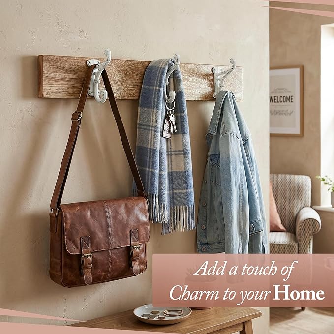 Rustic Cast Iron Coat Hooks Antique White, Wall Mounted, Farmhouse Decorative