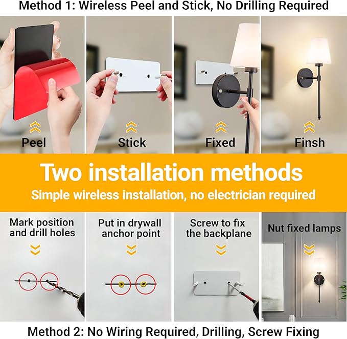 Vimhou Peel and Stick Wall Sconces, Stick On Wall Sconce Set of 2, Battery