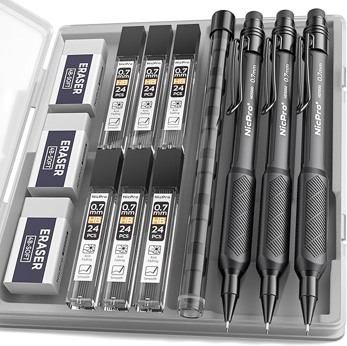 Nicpro 0.7 mm Mechanical Pencil Set with Case, 3PCS HD1000 Mechanical Pencils 0.7 With 6 Tube HB Lead Refills, Eraser, Weatherproof Barrel for Outdoor Writing Drafting Drawing Sketching