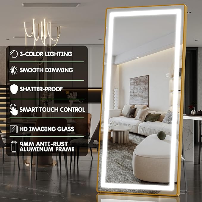 FENNIO Full Length Mirror with Lights, Wall Mounted Hanging Mirror with Lights