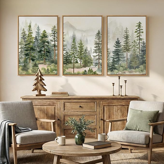 Large Framed Green Forest Landscape Wall Art for Living Room, 3 Piece Nature Pine Tree Woodland Artwork for Walls, White Foggy Mountain Modern Nordic Scenic Bedroom Office Print Wall Decor, 24x36 Inch