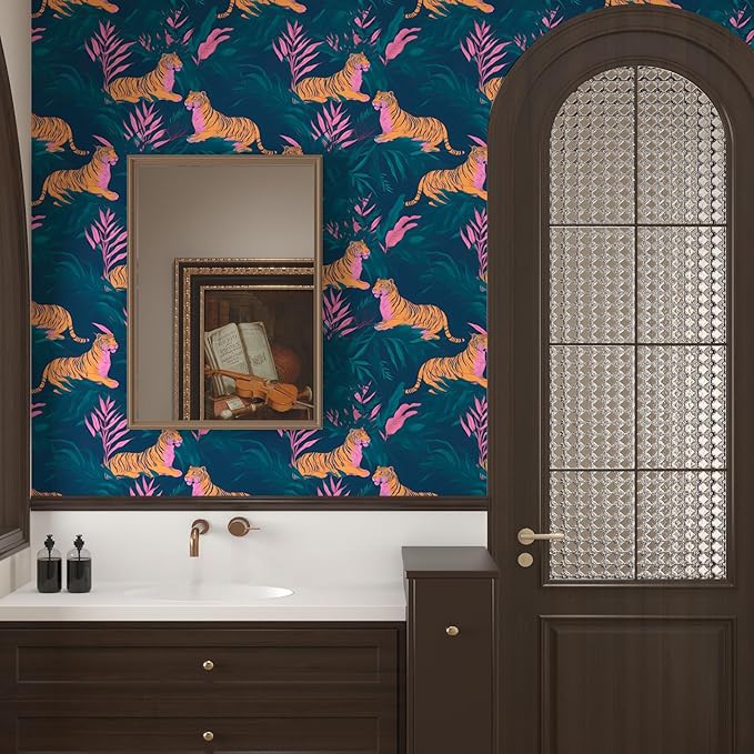 BOKEBEVE Extra Long Wallpaper Peel and Stick Vintage Tropical Tiger Contact