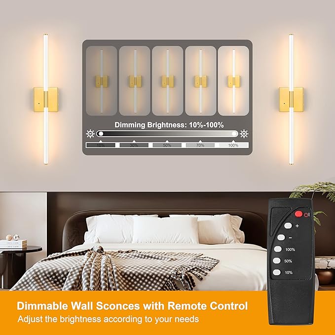Morauroral 30 Inch White Gold Battery Operated Wall Sconces Set of 2, Dimmable