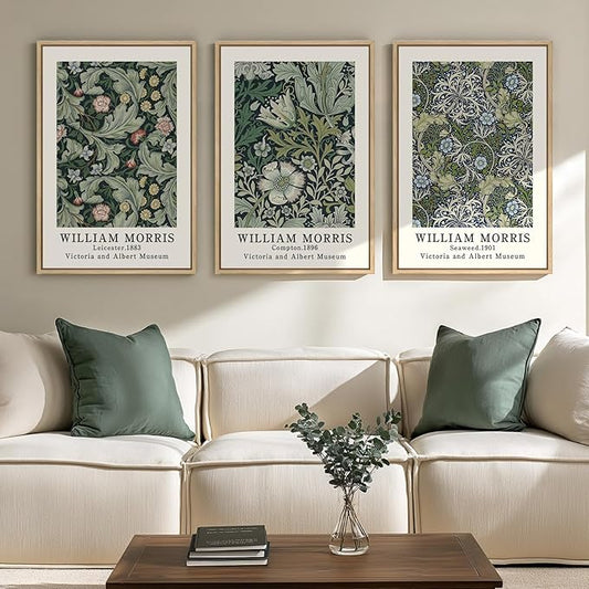 Framed William Morris Canvas Wall Art Green Decor Set of 3, Vintage Large