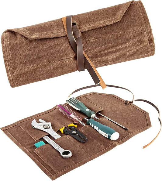 Tool Roll,10Slots Tool Roll Up Pouch,Heavy Duty Waxed Canvas Tool Roll Bag,Chisel Wrench Spanner Roll Tool Pouch with Leather Rope,Tool Roll Organizer for Mechanic Electrician Plumber Carpenter