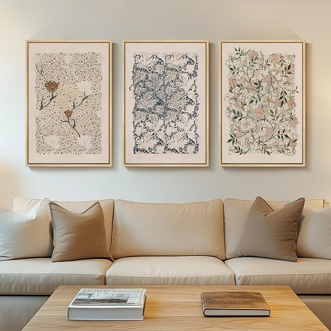Framed Large William Morris Canvas Wall Art Set of 3, Vintage Nature Floral
