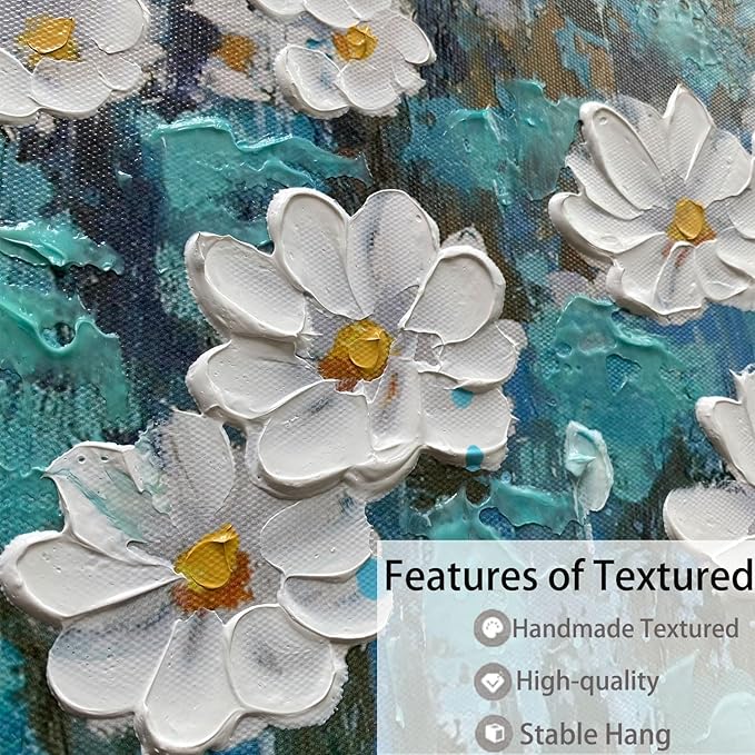 Arjun Flower Wall Art for Living Room, Teal Bedroom Canvas Daisy Floral Painting Landscape Picture Artwork Large Textured Office Home Dining Room Kitchen Wall Decor 40"x20"