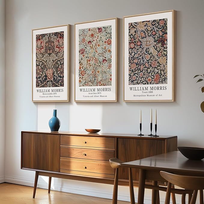 Framed Large William Morris Canvas Wall Art Set of 3, Vintage Floral Botanical