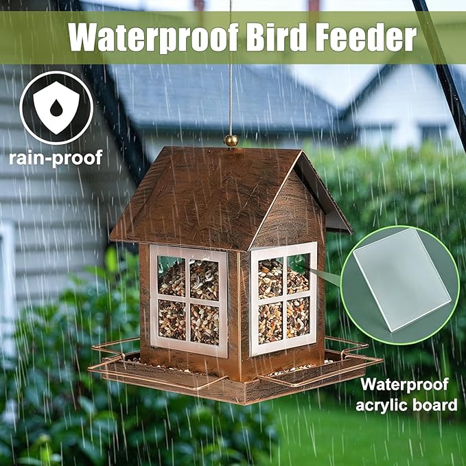 Bird Feeders, Heavy Duty Metal Bird Feeder for Outdoors Hanging, Weatherproof Large Capacity Wild Birdfeeder for Outside Garden Yard, Country House Shape