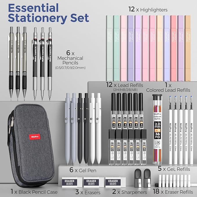 Nicpro 50 PCS School Supplies Stationary Set with Pencil Case - 6 Gel Pens & Refills, 12 Highlighters, 6 Art Mechanical Pencil Set, 12 Tube lead Refills for College Essentials Office Stationery -Black