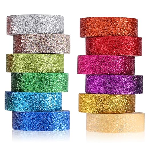 Pofflujent 12 Rolls Glitter Washi Tape Set Christmas Washi Masking Tape Decorative Adhesive Tape for Scrapbooking DIY Crafts Crafters Embellished Journals Planners Cards Gift Wrapping Ribbons Wedding