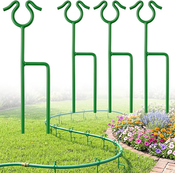 4 Pack Garden Hose Guide Stakes, 14 inch Metal Hose Guides for Garden Heavy Duty Rustproof Coated Spike Keeps Water Hose Out of Flower Beds Outside Lawn & Yard Plant Protection (Green)