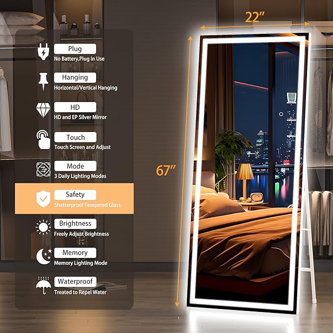 Hasipu Full Length Mirror with Lights, Full Body Dressing Hanging Mounted Mirror