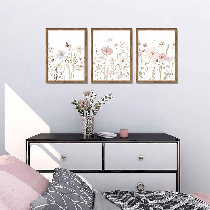 Framed Wildflower Wall Art Set of 3, Vintage Flower Botanical Paintings