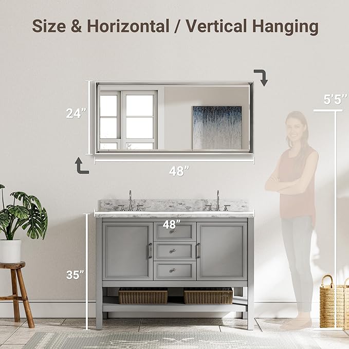 48x24 Beveled Silver Bathroom Vanity Mirror, Shatterproof Large Rectangle Metal