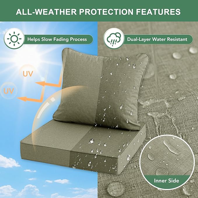 Summsun Water Resistant Outdoor Chair Cushions, Faux Linen Backrest and Seat Cushion Set with Ties, Removable Cover, Non-Slip Bottom for Patio Furniture, 19 x 19 Inch, Mocca Green, Set of 4