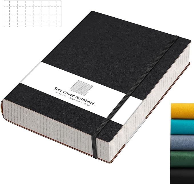 AHGXG Graph Paper Notebook - Grid Paper Notebook Large A4 8.5''×11'', 320 Pages Thick Journal, 100gsm Thick Graph Paper, Leather Softcover, Inner Pocket - Black