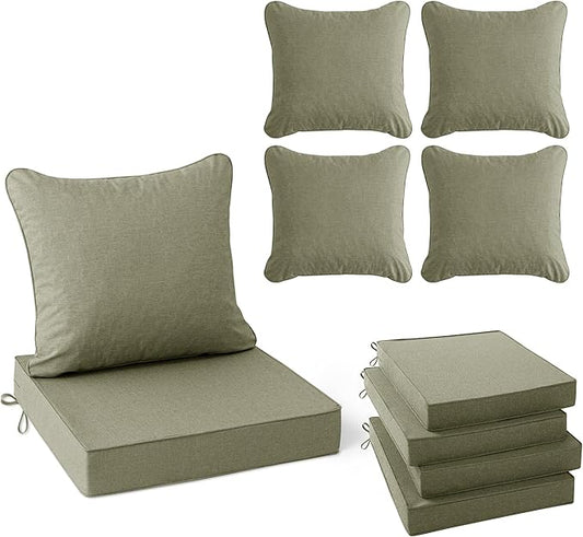 Summsun Water Resistant Outdoor Chair Cushions, Faux Linen Backrest and Seat Cushion Set with Ties, Removable Cover, Non-Slip Bottom for Patio Furniture, 19 x 19 Inch, Mocca Green, Set of 4