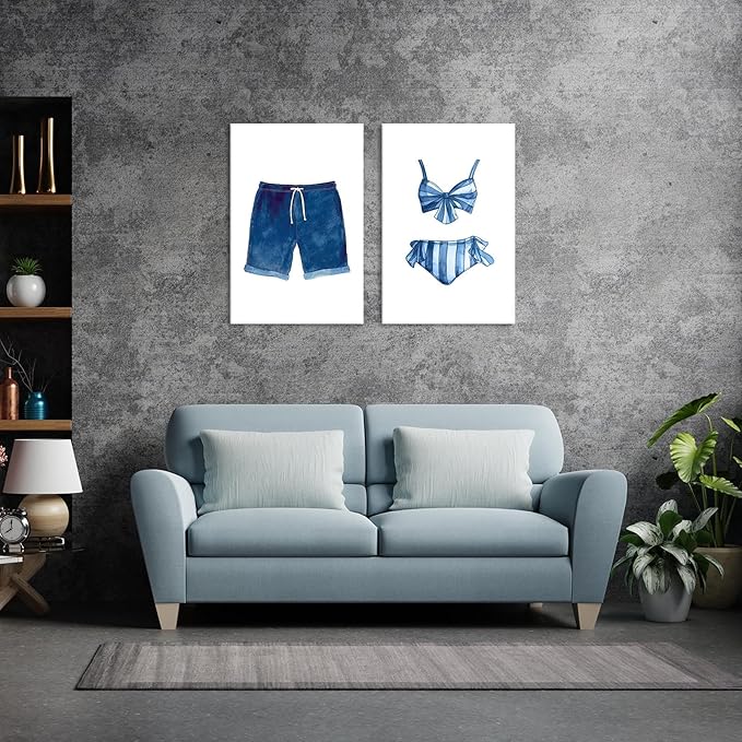 Liyark Set of 2 Retro Navy Blue And White Swimsuit Art Posters Beach Bathing
