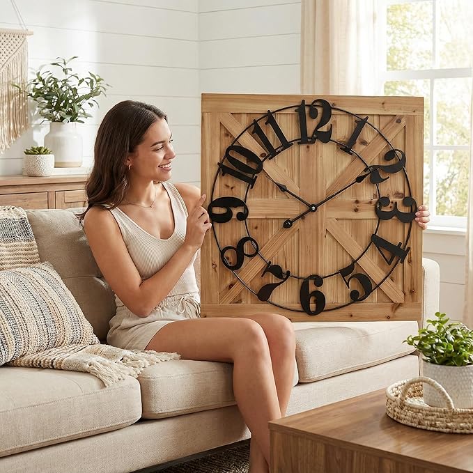 EMAX HOME Large Farmhouse Wall Clock – 24 Inch Brown Square Rustic Wooden Clock