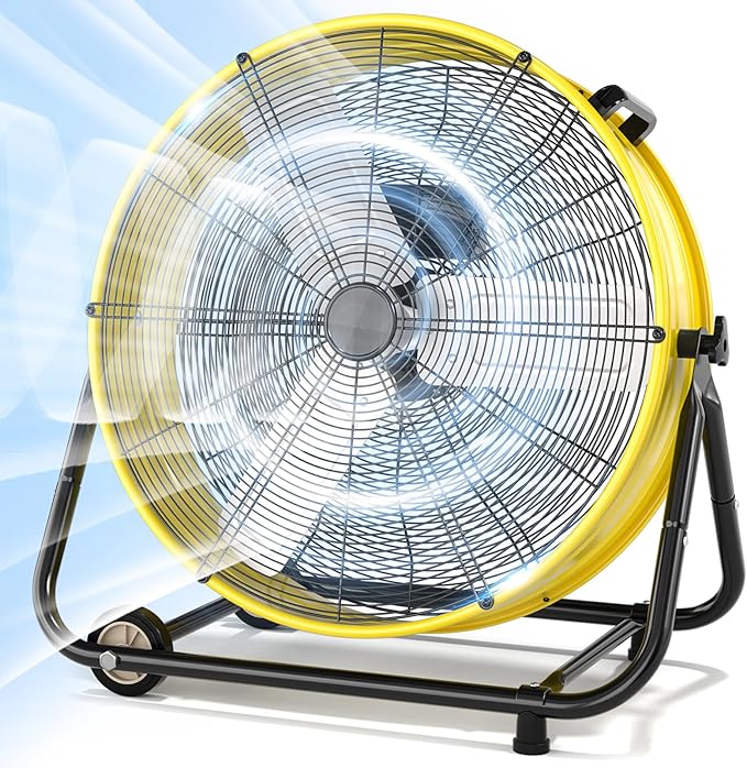 LifePlus 30" Industrial Drum Fan, 14000 CFM High Velocity 3-Speed Heavy Duty Metal Air Circulator with 360Â° Tilt, Casters Handle for Warehouse Factory workshops Patios Garage, Yellow