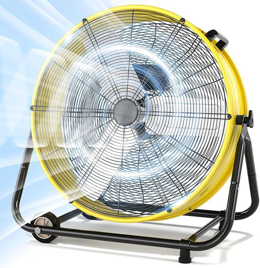 LifePlus 30" Industrial Drum Fan, 14000 CFM High Velocity 3-Speed Heavy Duty Metal Air Circulator with 360Â° Tilt, Casters Handle for Warehouse Factory workshops Patios Garage, Yellow