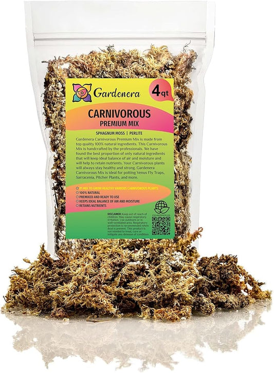GARDENERA Sphagnum Moss Potting Mix for Carnivorous Plants, Moss and Perlite Blend for Potting Venus Fly Traps, Sarracenia, Pitcher Plants - 75% Sphagnum Moss + 25% Perlite - Made in USA - 4 Quart