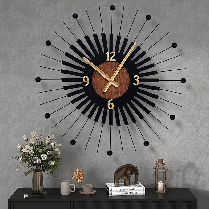 22 Inch Modern Sunburst Wall Clock Battery Operated, Silent Quartz Movement