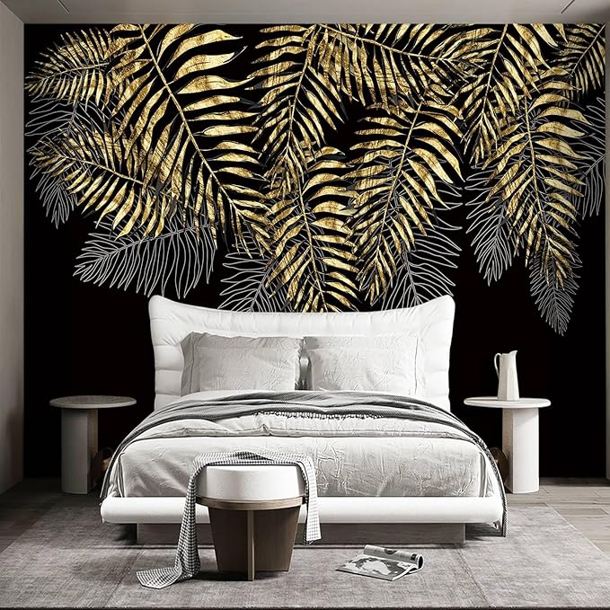 Black and Gold Leaf Mural Bedroom Tropical Botanical Wallpaper Room Plant Decor