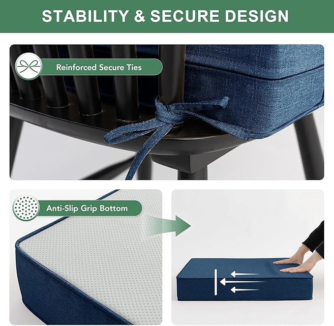 Summsun Outdoor Chair Cushions, Faux Linen Backrest and Deep Seat Cushion Set for Patio Furniture with Weather Resistant Removable Cover, Ties, Non-Slip Bottom, 22 x 22 Inch, Navy, Set of 4