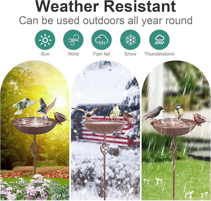 Metal Bird Bath for Outside,Hand-Painted Outdoor Birds Baths Water Bowl with Stake for Garden Patio Yard Lawn Decor, 27.6" H Bird Feeder with 5 Prongs Base,Vintage Freestanding Birdbaths & Birdfeeder