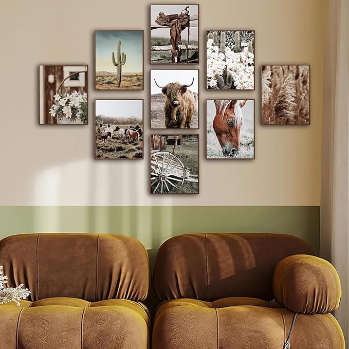 tgguytiy 9 Pcs Western Vintage Farmhouse Poster Canvas Wall Art Highland cattle