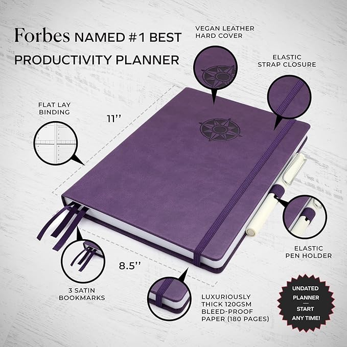 Smart Planner Pro – Undated Daily Planner – Large A4 – Achieve Goals & Increase Productivity with Weekly, Monthly, Work Sections - Organizer Diary with Back Pocket, 3 Satin Bookmarks & Pen Holder