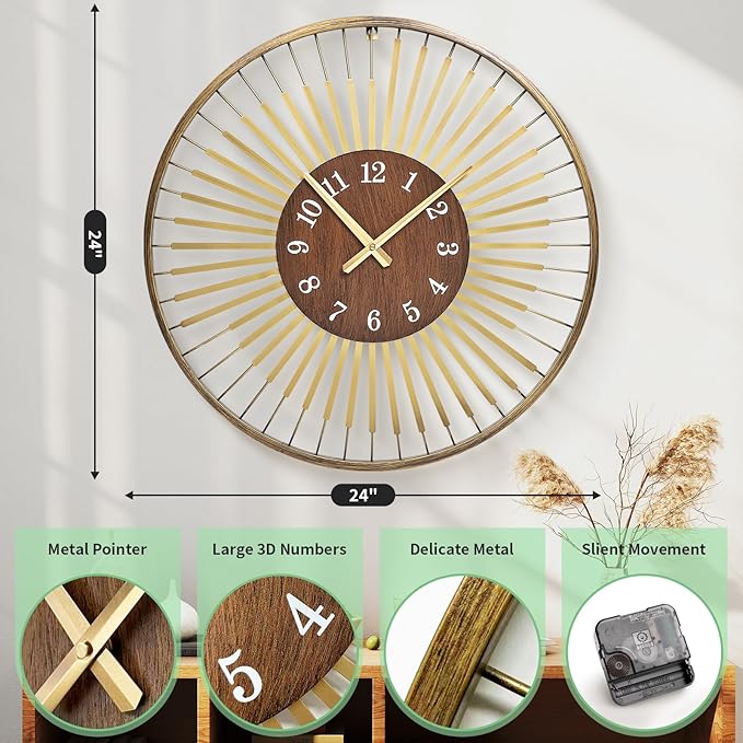 24 Inch Mid-Century Modern Wall Clock, Round Frame Metal Design