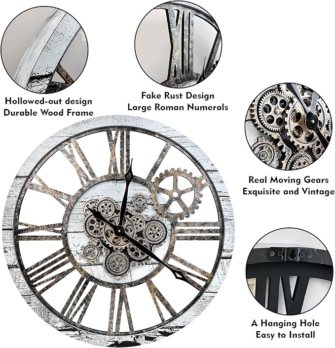 The B-Style Large Real Moving Gears Wall Clock 30 inch Rustic Retro Industrial
