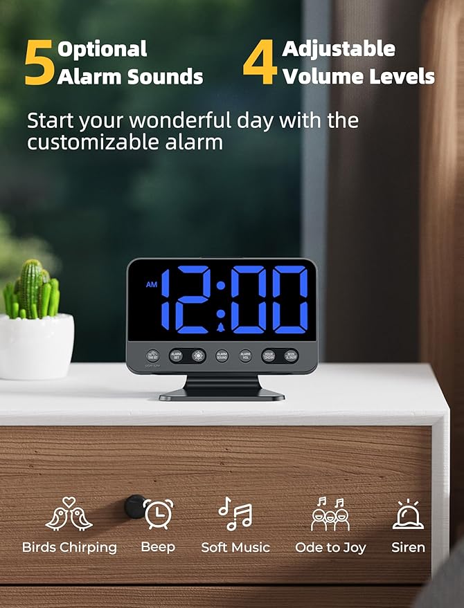Odokee Digital Alarm Clocks for Bedrooms: Large Bold Number 5 Brightness Dimmer