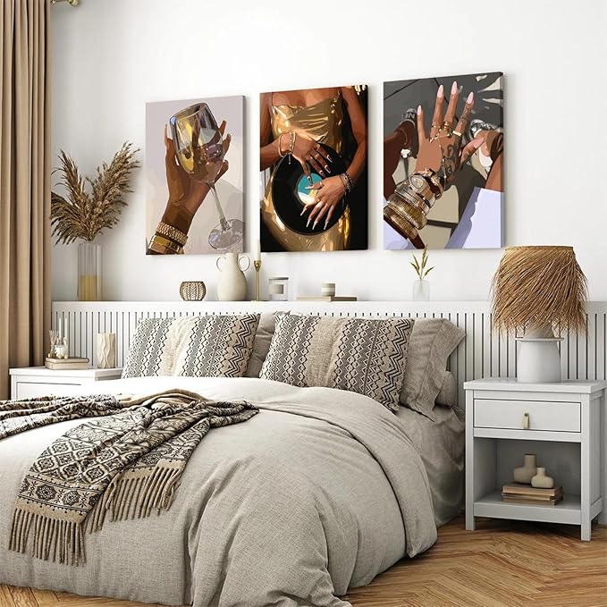 Black Girl wall Art Set of 3, African American Woman Wall Decor Fashion Gold