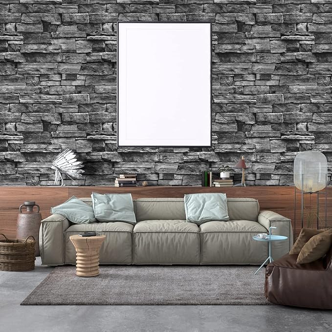 Jeweluck Grey Brick Wallpaper Peel and Stick Wallpaper 17.7”×393.7” Faux Stone