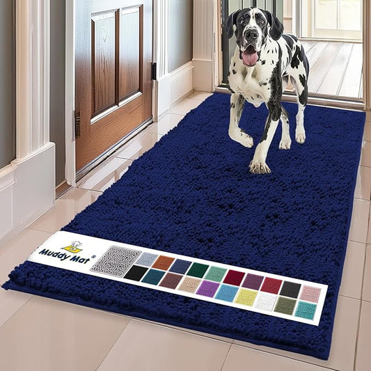 Muddy MatÂ® | Super Water Absorbent Door Mat Indoor, Microfiber Quick Dry Chenille Entryway Rug, Slip Resistant Front Door Mat, Indoor Mats for Entryway, Machine Washable Pet Rug, Navy Blue 24"x96"