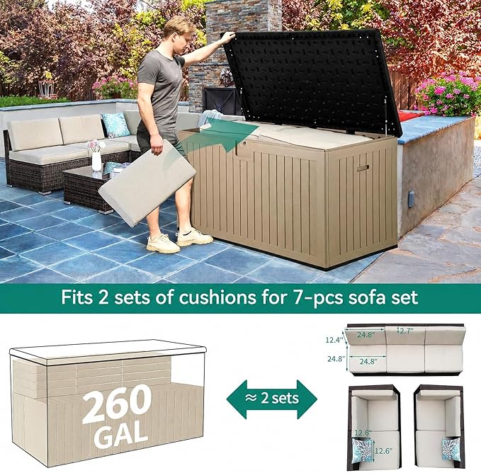 YITAHOME 260 Gallon Large Deck Box with Divider & Side Handles, Outdoor Double-Wall Storage for Patio Furniture Cushions, Garden Pool Accessories, Waterproof & Lockable