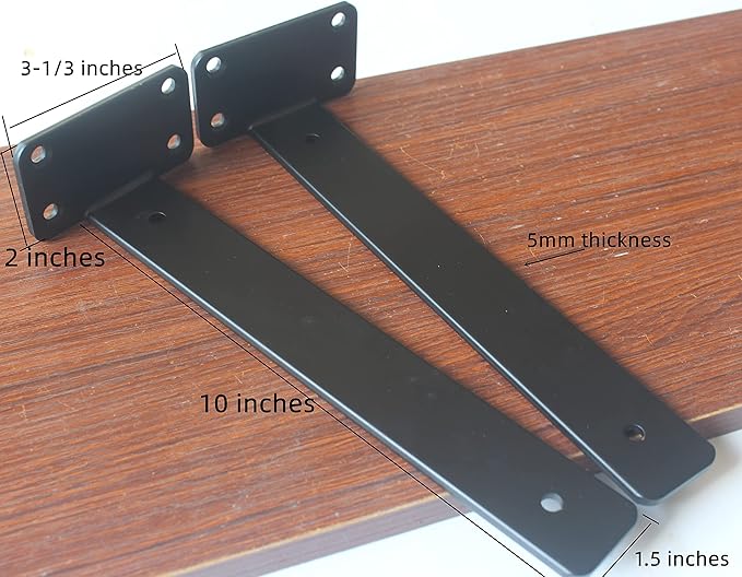 4 Pack - 10 inch Black Hidden L Shelf Bracket Iron Floating Shelf Brackets