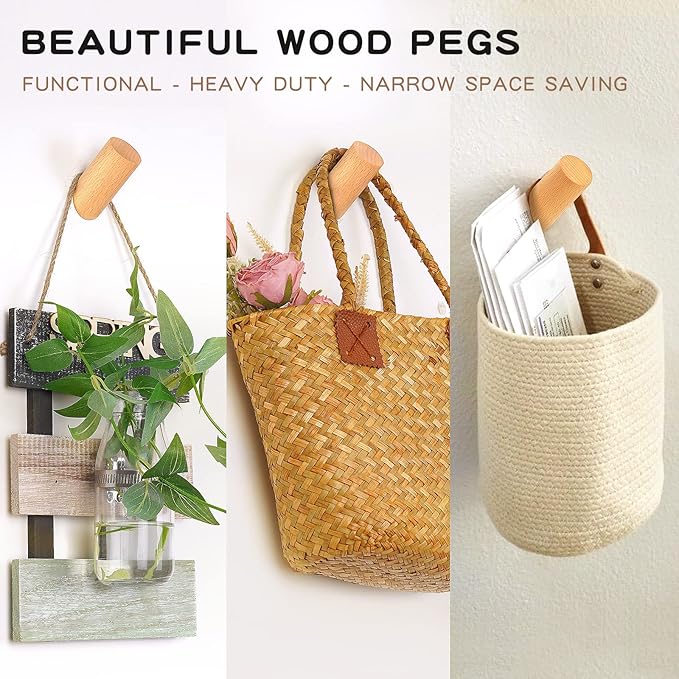 Felidio Wood Wall Hooks, 6 Pack Natural Wooden Coat Hooks Wall-Mounted